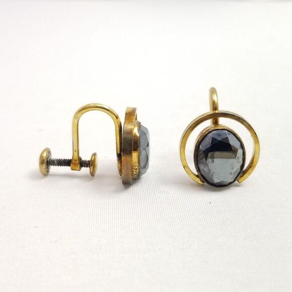 Vintage Yellow Gold Filled Oval Dark Gray Rhinestone Clip On Screw Back Earrings - Picture 9 of 11
